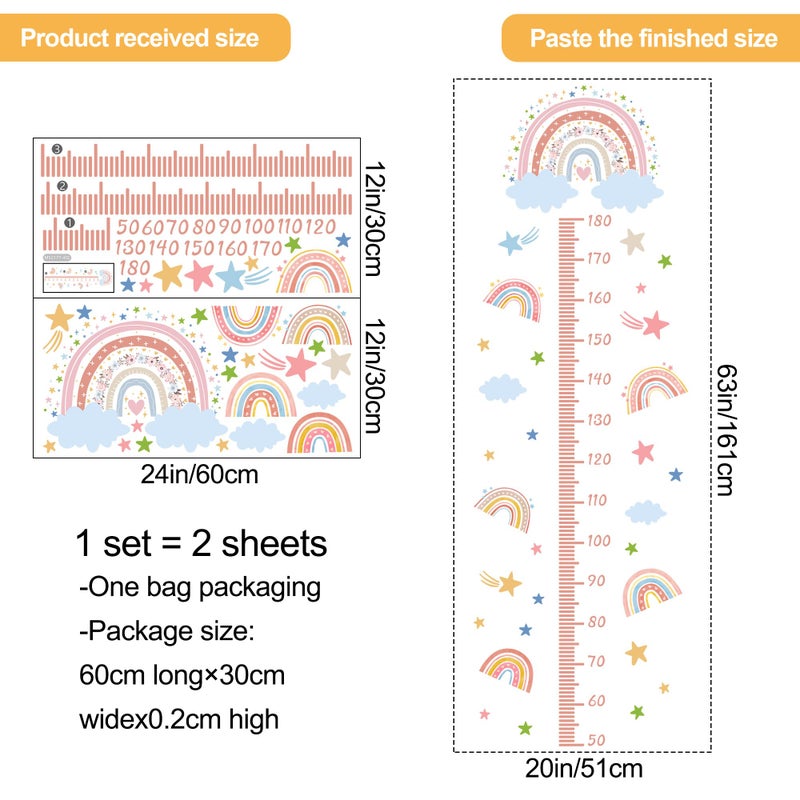 DRWSSR 3D Cartoon Height Growth Chart for Kids - Removable DIY Pink Rainbow Wall Decal Peel and Stick Stars and White Clouds Wall Art Decor for Kids Nursery, Bedroom, Bathroom - Image 2