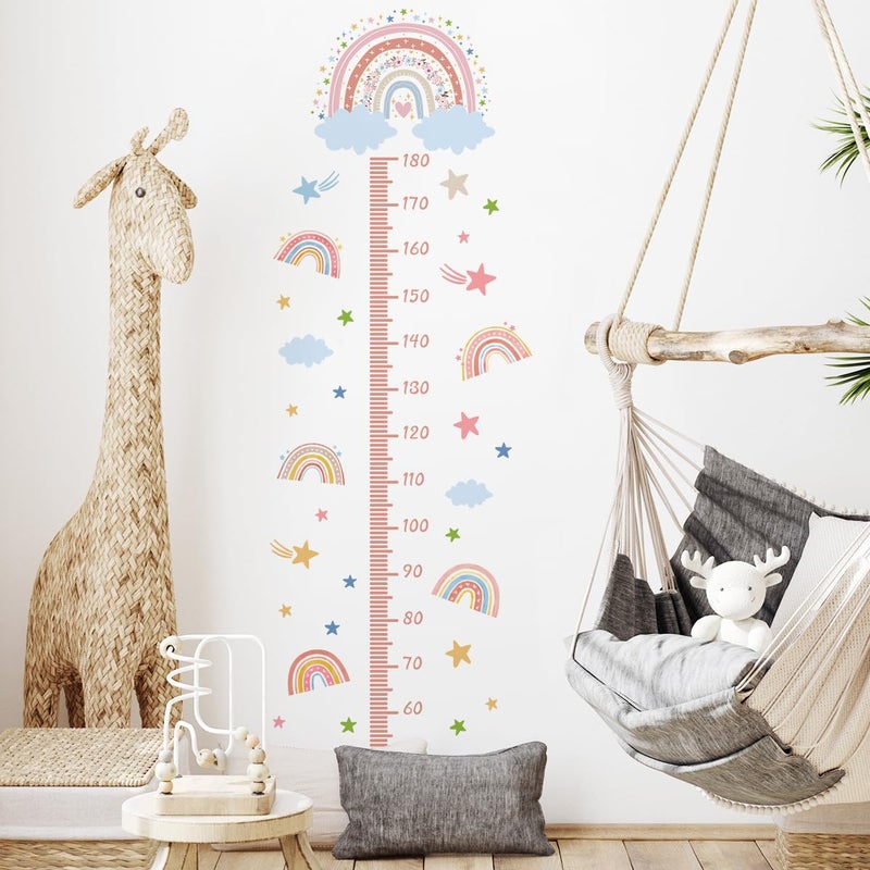 DRWSSR 3D Cartoon Height Growth Chart for Kids - Removable DIY Pink Rainbow Wall Decal Peel and Stick Stars and White Clouds Wall Art Decor for Kids Nursery, Bedroom, Bathroom - Image 1