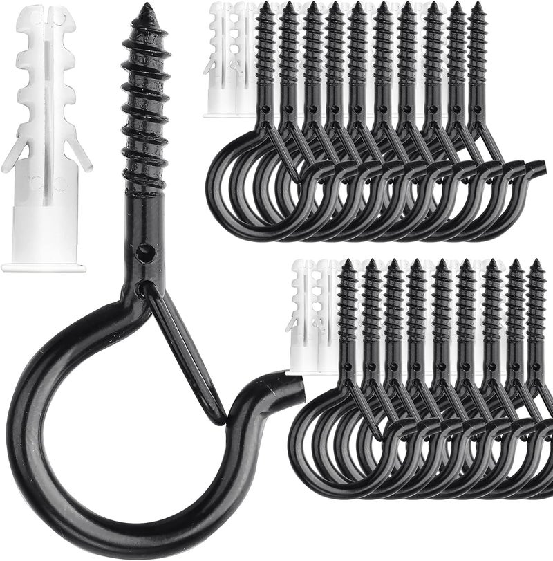 PlusRoc 20 Pack Screw Hooks for Hanging Christmas Lights Outdoor Seasonal Lighting, Heavy Duty 2.2 Inch Eye Hook Screw Cup Ceiling Hook Q-Hanger for Patio Lights, Wall Wood Ceiling Deck Mount(Black) - Image 1
