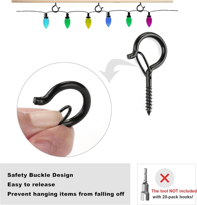 PlusRoc 20 Pack Screw Hooks for Hanging Christmas Lights Outdoor Seasonal Lighting, Heavy Duty 2.2 Inch Eye Hook Screw Cup Ceiling Hook Q-Hanger for Patio Lights, Wall Wood Ceiling Deck Mount(Black) - Image 2