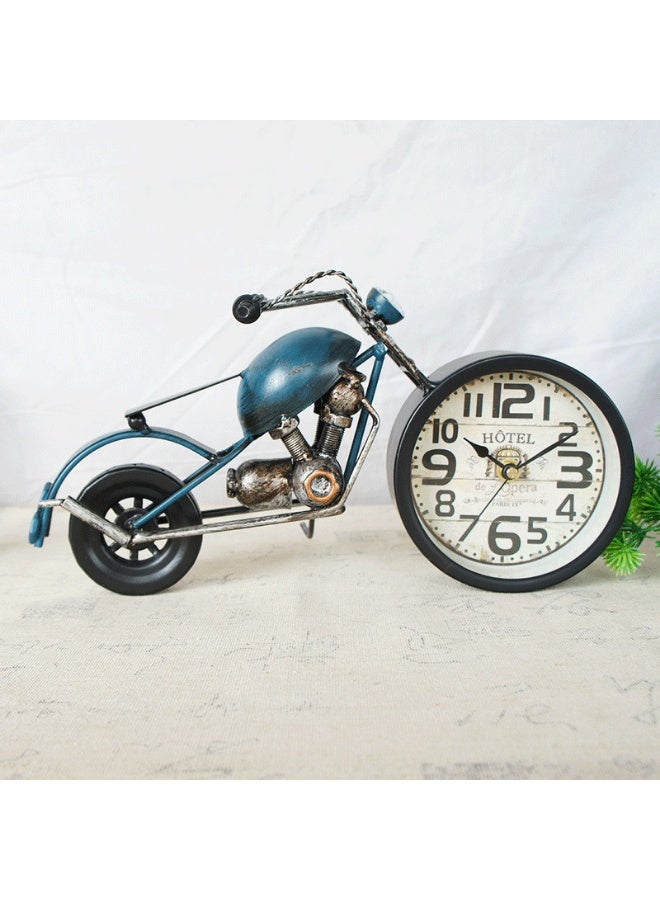 Meetion Delightful Dcor Vintage Style Motorcycle Table Top Rustic Motor Bike Table Clock Antique for Mantle Shelf Decorations Living Room (Blue)  - Image 1