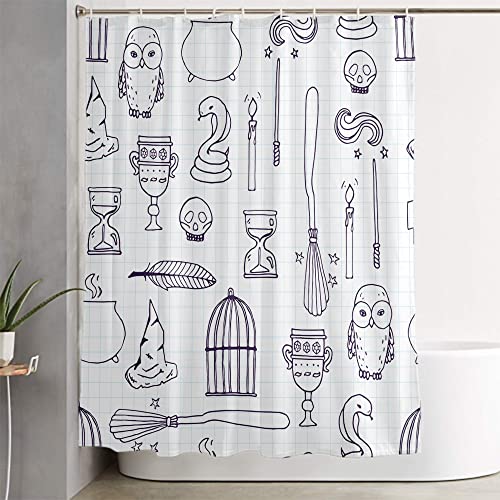 LOKMU 4 Pcs Shower Curtain Sets with Non-Slip Rugs, Toilet Lid Cover and Bath Mat,Witch Birdcage Magic Books Owl Wand Broom Waterproof Shower Curtain with 12 Hooks, Bathroom Decor Sets, 72" x 72" - Image 4