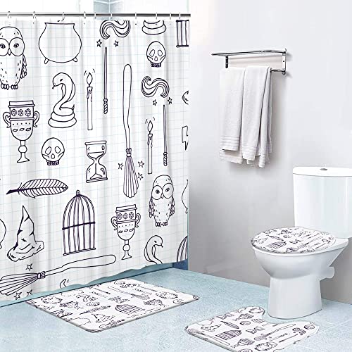 LOKMU 4 Pcs Shower Curtain Sets with Non-Slip Rugs, Toilet Lid Cover and Bath Mat,Witch Birdcage Magic Books Owl Wand Broom Waterproof Shower Curtain with 12 Hooks, Bathroom Decor Sets, 72" x 72" - Image 1