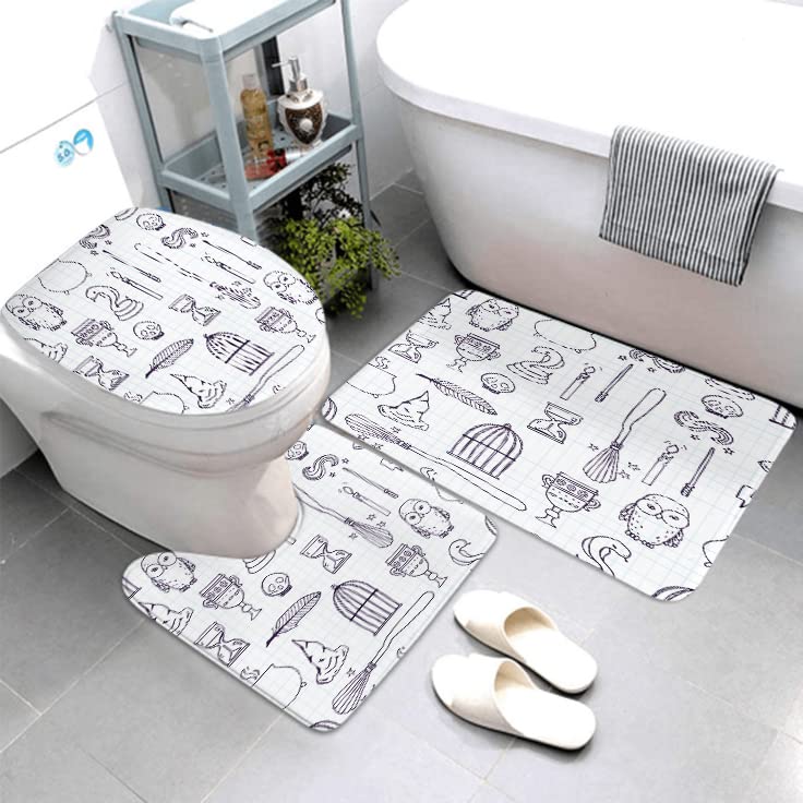 LOKMU 4 Pcs Shower Curtain Sets with Non-Slip Rugs, Toilet Lid Cover and Bath Mat,Witch Birdcage Magic Books Owl Wand Broom Waterproof Shower Curtain with 12 Hooks, Bathroom Decor Sets, 72" x 72" - Image 3