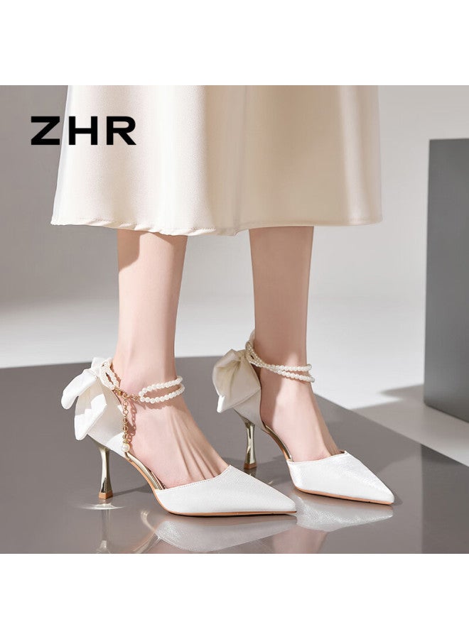 Zhr Women's Fairy Style High Heel Thin Heel Pointed Toe Single Sandals French Butterfly Shallow Shoes With Skirt Ie09 Beige Size 36 - Image 1