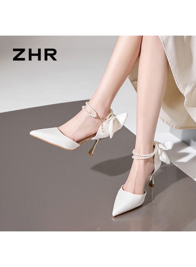 Zhr Women's Fairy Style High Heel Thin Heel Pointed Toe Single Sandals French Butterfly Shallow Shoes With Skirt Ie09 Beige Size 36 - Image 4