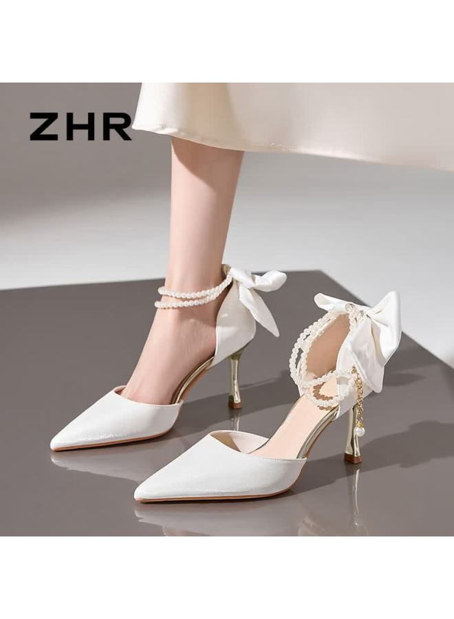 Zhr Women's Fairy Style High Heel Thin Heel Pointed Toe Single Sandals French Butterfly Shallow Shoes With Skirt Ie09 Beige Size 36 - Image 5