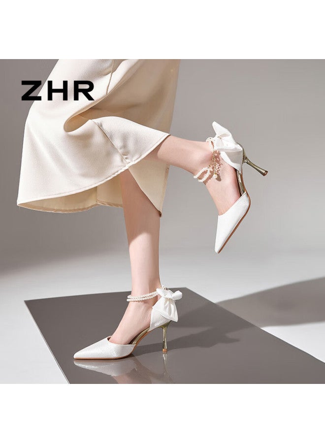 Zhr Women's Fairy Style High Heel Thin Heel Pointed Toe Single Sandals French Butterfly Shallow Shoes With Skirt Ie09 Beige Size 36 - Image 3