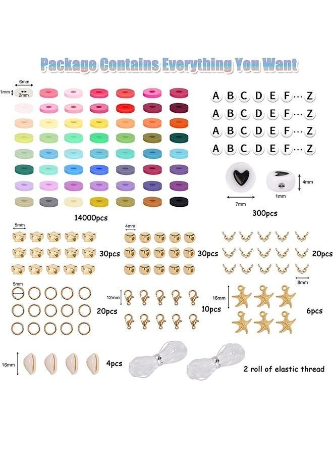 SenRan 14420 Clay Diy Beads for Bracelet Making Kit, 56 Colors Spaced Black Stone Beads Flat Round Polymer Clay Beads with Charm Kit and Elastic String - Image 4