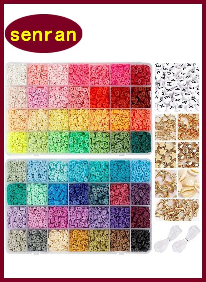SenRan 14420 Clay Diy Beads for Bracelet Making Kit, 56 Colors Spaced Black Stone Beads Flat Round Polymer Clay Beads with Charm Kit and Elastic String - Image 1