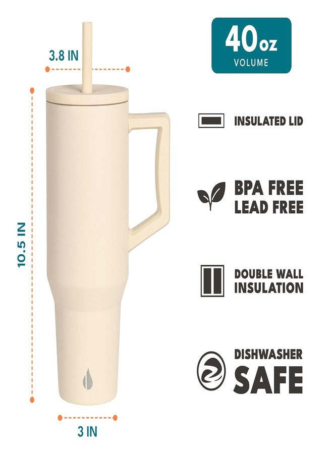 Elemental كوب تامبلر 40 أونصة مع مقبض وقشة - معزول مقاوم للتسرب من الفولاذ المقاوم للصدأ للمشروبات الساخنة والباردة - كوب قهوة للسفر مع 2 قشة وغطاء مقاوم للتسرب - 40 أونصة - بيج - Image 2