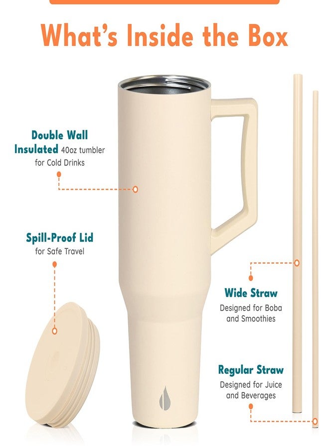 Elemental كوب تامبلر 40 أونصة مع مقبض وقشة - معزول مقاوم للتسرب من الفولاذ المقاوم للصدأ للمشروبات الساخنة والباردة - كوب قهوة للسفر مع 2 قشة وغطاء مقاوم للتسرب - 40 أونصة - بيج - Image 3