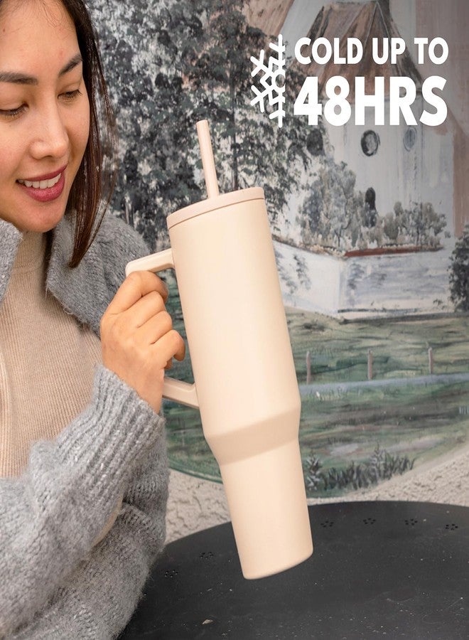 Elemental كوب تامبلر 40 أونصة مع مقبض وقشة - معزول مقاوم للتسرب من الفولاذ المقاوم للصدأ للمشروبات الساخنة والباردة - كوب قهوة للسفر مع 2 قشة وغطاء مقاوم للتسرب - 40 أونصة - بيج - Image 4
