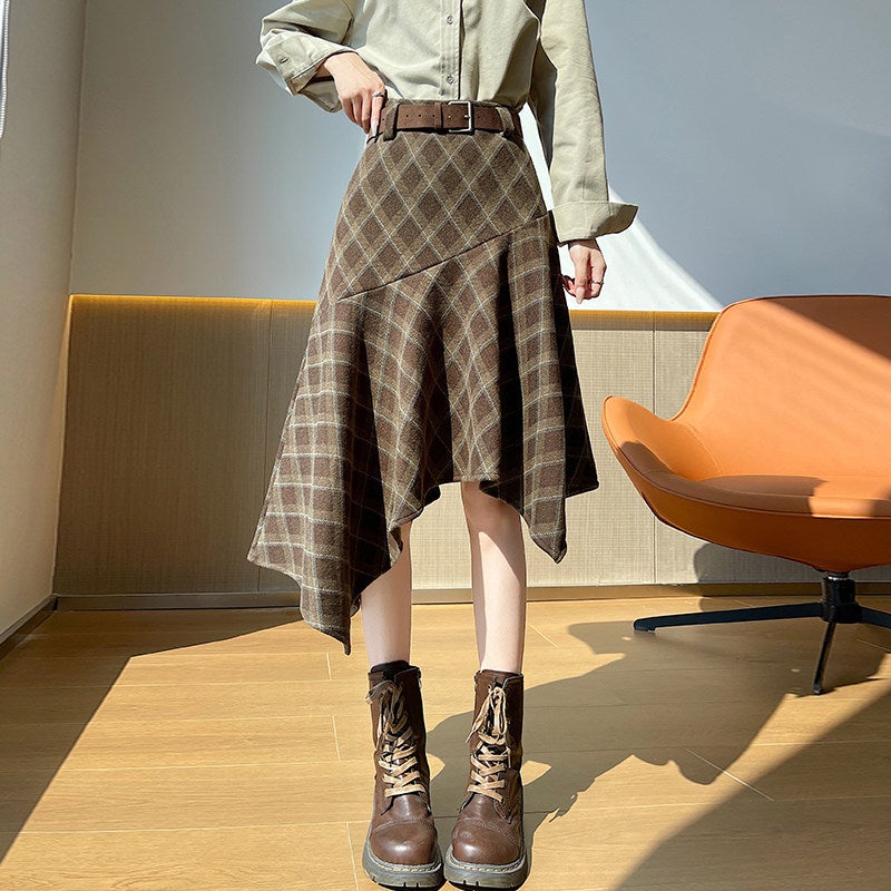 Irregular woolen plaid skirt for women's autumn and winter new retro high-waisted slimming and draping mid-length A-line umbrella skirt - Image 1