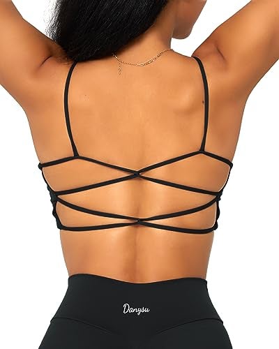 Danysu Womens Backless Sports Bra Open Back Workout Top Light Support Strappy Sport Bra Cute Gym Clothes Crisscross Black XL - Image 1