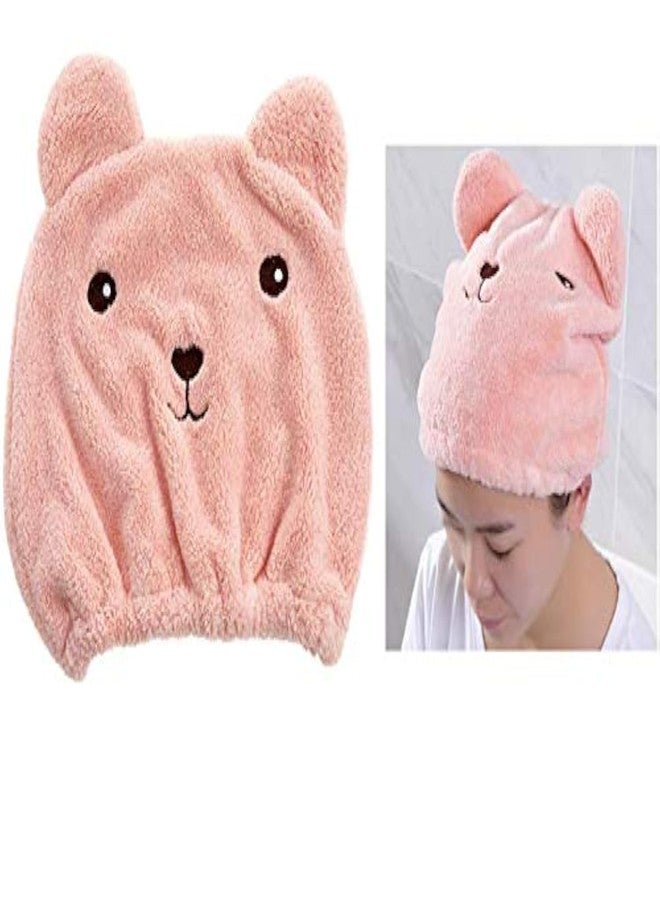 لاسوم قبعة لاسوم الناعمة الماصة للشعر الجاف، غطاء رأس من الألياف الدقيقة فائقة النعومة بتصميم دب كرتوني لطيف، للأطفال والكبار، سريع الجفاف (وردي) - Image 1