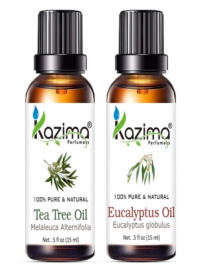KAZIMA Combo of Tea Tree Oil and Eucalyptus Oil - 100% Pure Essential Oil for Acne Scars, Hair Growth, Skin Care & Hair Care, 15 ml each - Image 1