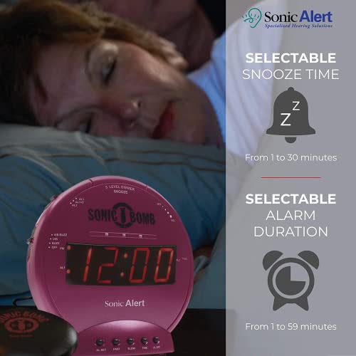Sonic Alert Sonic Bomb Dual Alarm Clock with Bed Shaker, Pink Vibrating Alarm Clock for Heavy Sleepers, Battery Backup | Wake with a Shake - Image 5