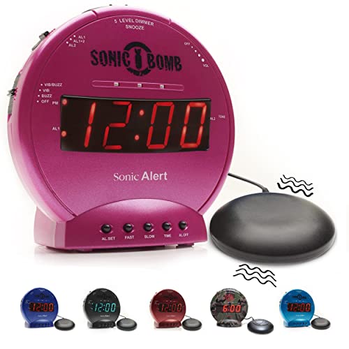 Sonic Alert Sonic Bomb Dual Alarm Clock with Bed Shaker, Pink Vibrating Alarm Clock for Heavy Sleepers, Battery Backup | Wake with a Shake - Image 1