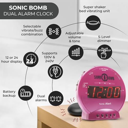 Sonic Alert Sonic Bomb Dual Alarm Clock with Bed Shaker, Pink Vibrating Alarm Clock for Heavy Sleepers, Battery Backup | Wake with a Shake - Image 4