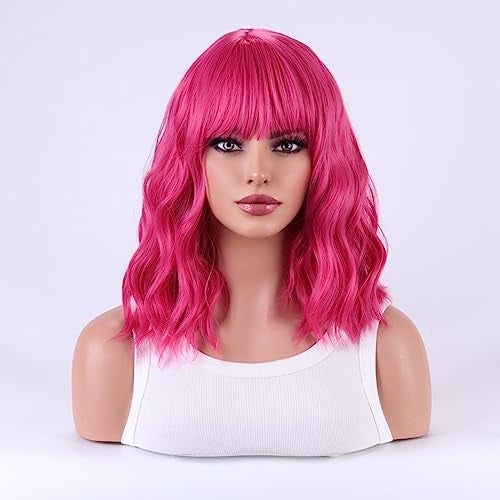 MAGQOO Hot Pink Wigs for Women Magenta Wig Hot Pink Bob Short Curly Wavy Wig with Bangs Synthetic Heat Resistant - Image 1