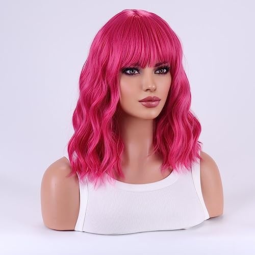 MAGQOO Hot Pink Wigs for Women Magenta Wig Hot Pink Bob Short Curly Wavy Wig with Bangs Synthetic Heat Resistant - Image 3
