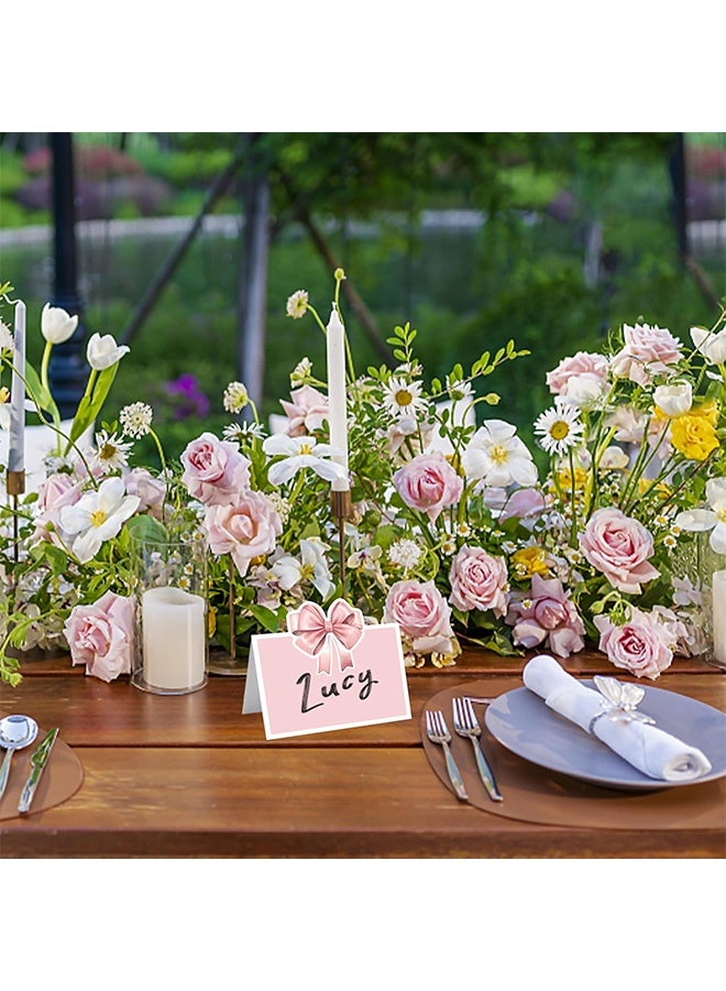 إم إكس إن 50 قطعة من بطاقات أماكن الجلوس على الطاولة ذات القوس الوردي، بطاقة تسمية فارغة لتعيين أماكن الجلوس على الطاولة، بطاقات تسمية لمستلزمات إعداد طاولة حفلات أعياد الميلاد (وردي) - Image 4