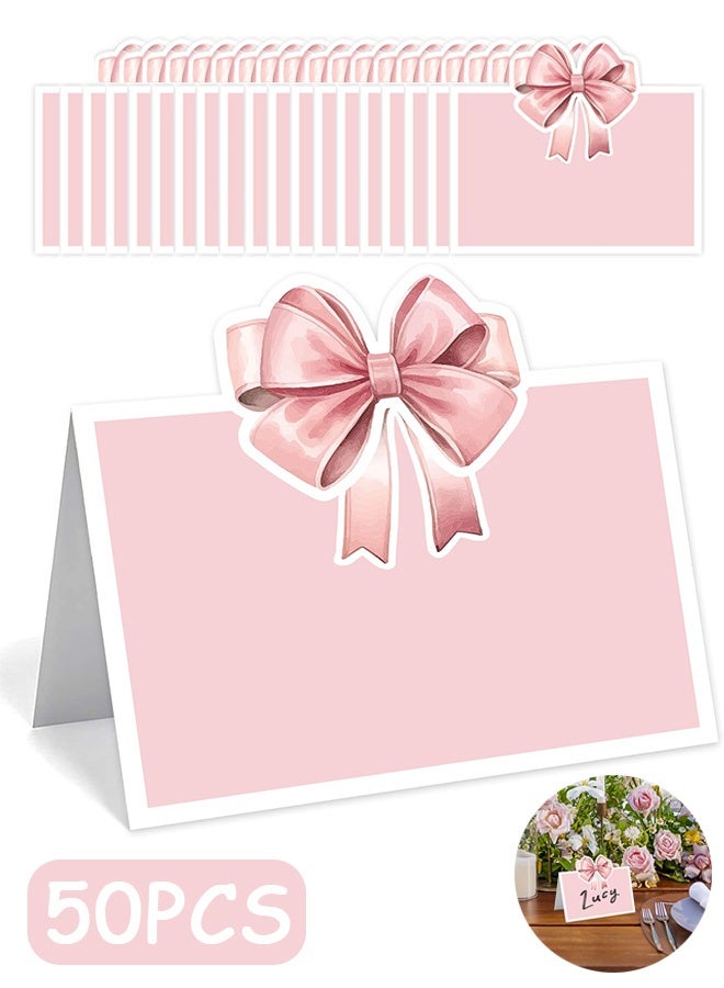 إم إكس إن 50 قطعة من بطاقات أماكن الجلوس على الطاولة ذات القوس الوردي، بطاقة تسمية فارغة لتعيين أماكن الجلوس على الطاولة، بطاقات تسمية لمستلزمات إعداد طاولة حفلات أعياد الميلاد (وردي) - Image 1