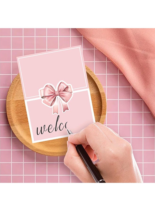 إم إكس إن 50 قطعة من بطاقات أماكن الجلوس على الطاولة ذات القوس الوردي، بطاقة تسمية فارغة لتعيين أماكن الجلوس على الطاولة، بطاقات تسمية لمستلزمات إعداد طاولة حفلات أعياد الميلاد (وردي) - Image 3