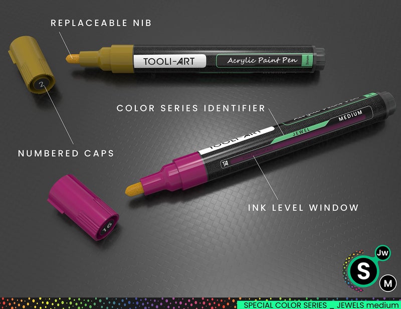 TOOLI-ART Acrylic Paint Markers Paint Pens Special Colors Set For Rock Painting, Canvas, Fabric, Glass, Mugs, Wood, Ceramics, Plastic, Multi-Surface. Non Toxic, Water-based (JEWEL M) - Image 5