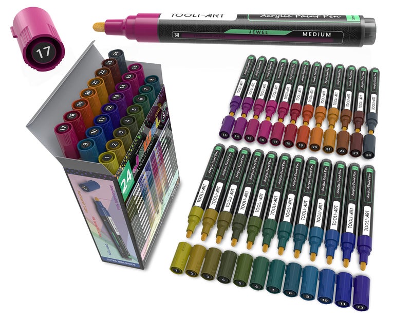 TOOLI-ART Acrylic Paint Markers Paint Pens Special Colors Set For Rock Painting, Canvas, Fabric, Glass, Mugs, Wood, Ceramics, Plastic, Multi-Surface. Non Toxic, Water-based (JEWEL M) - Image 1