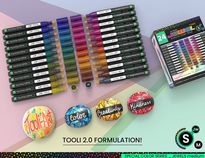 TOOLI-ART Acrylic Paint Markers Paint Pens Special Colors Set For Rock Painting, Canvas, Fabric, Glass, Mugs, Wood, Ceramics, Plastic, Multi-Surface. Non Toxic, Water-based (JEWEL M) - Image 2