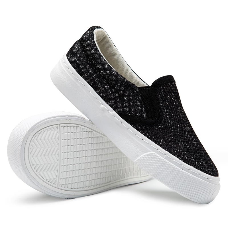 Toandon Girls Little Kids Sneakers Loafer Walking Shoes Slip On Child Glimmer Glitter Sparkle Low Top Non Slip Rubber Sole Lightweight Breathable Outdoor Fashion Casual Black Size 2 - Image 5