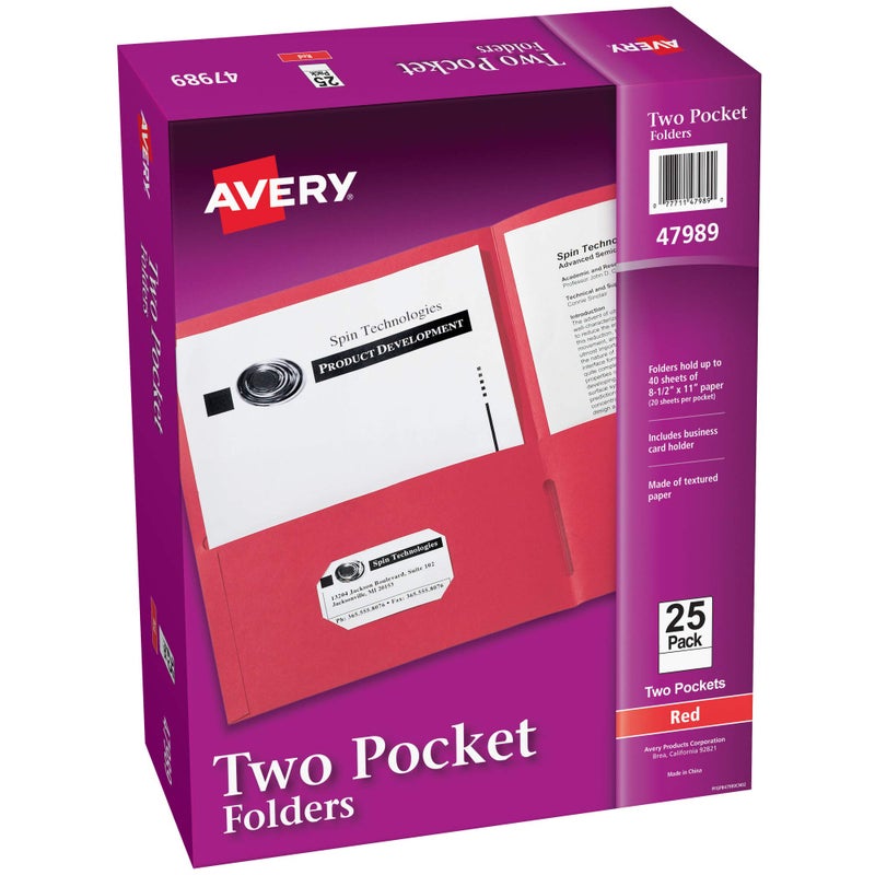 Avery Two Pocket Folders, Holds up to 40 Sheets, Business Card Slot, 25 Red Folders (47989) - Image 1