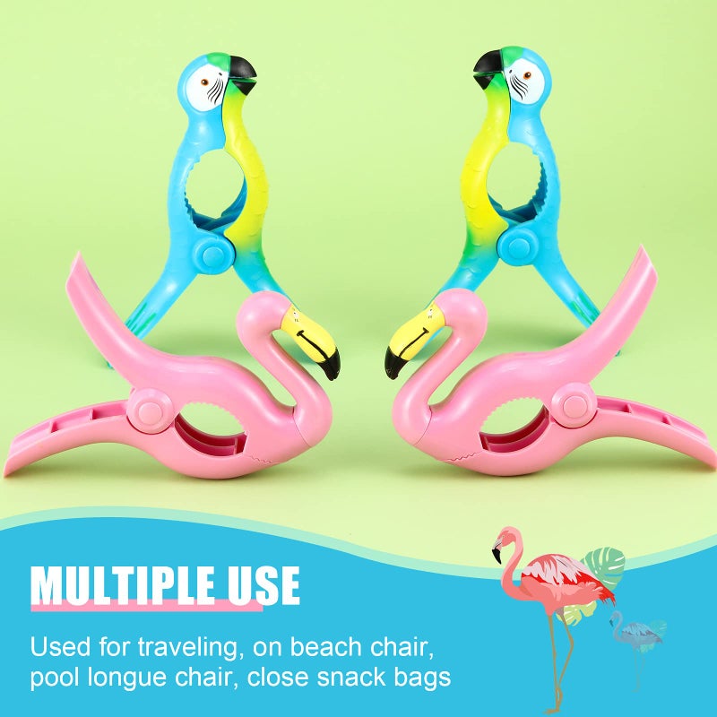 Waydress 4 Pieces Beach Towel Clip Jumbo Size Chair Clips Towel Holder Clothes Pegs Christmas Stocking Clamp for Cruise Patio Pool Holiday Vacations(Parrot, Flamingo,Blue, Pink) - Image 3