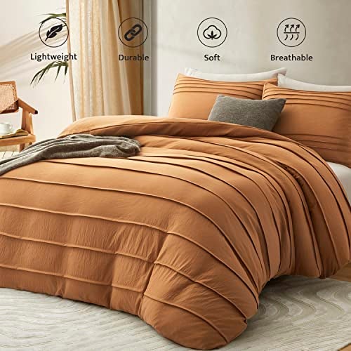 Oli Anderson Pumpkin Brown Duvet Cover Queen Size - Pleated Queen Duvet Cover, 3PCS Soft and Breathable Textured Bedding Set with Zipper Closure(Pumpkin Brown,90"x90") - Image 2