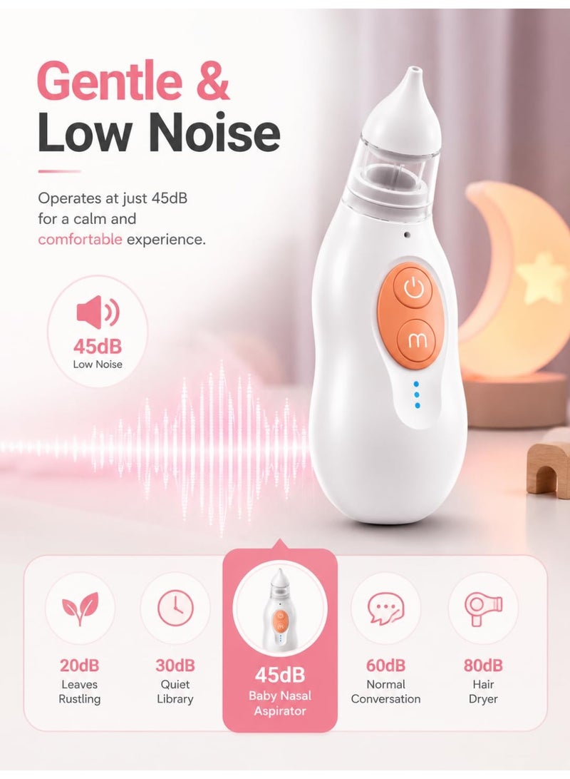 Electric Baby Nasal Aspirator with 5 Adjustable Suction Levels, USB-C Rechargeable Up to 90 Minutes Use, Soft Silicone Tip, Washable Mucus Collection Cup and Filter, 45dB Low Noise Portable Nose Cleaner for Newborns, Infants and Toddlers – White/Orange - Image 4