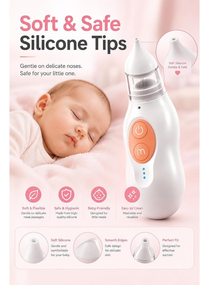 Electric Baby Nasal Aspirator with 5 Adjustable Suction Levels, USB-C Rechargeable Up to 90 Minutes Use, Soft Silicone Tip, Washable Mucus Collection Cup and Filter, 45dB Low Noise Portable Nose Cleaner for Newborns, Infants and Toddlers – White/Orange - Image 3