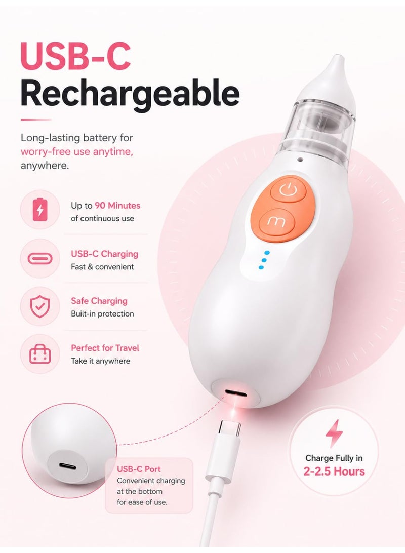 Electric Baby Nasal Aspirator with 5 Adjustable Suction Levels, USB-C Rechargeable Up to 90 Minutes Use, Soft Silicone Tip, Washable Mucus Collection Cup and Filter, 45dB Low Noise Portable Nose Cleaner for Newborns, Infants and Toddlers – White/Orange - Image 5