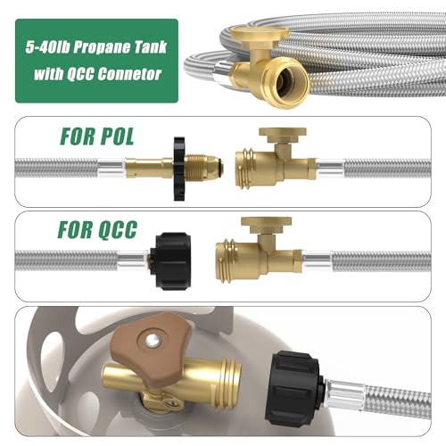 GardenNow Upgraded 12 FT Propane Tank Extension Hose Braided with Gauge, QCC1/Type 1 Tank Extension Hose, Acme to Male QCC/POL Fitting, Leak Detector Replacement for Propane Tank Appliances, Gas Grill - Image 5