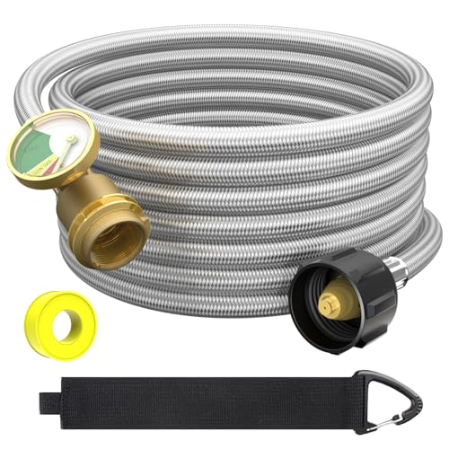 GardenNow Upgraded 12 FT Propane Tank Extension Hose Braided with Gauge, QCC1/Type 1 Tank Extension Hose, Acme to Male QCC/POL Fitting, Leak Detector Replacement for Propane Tank Appliances, Gas Grill - Image 1
