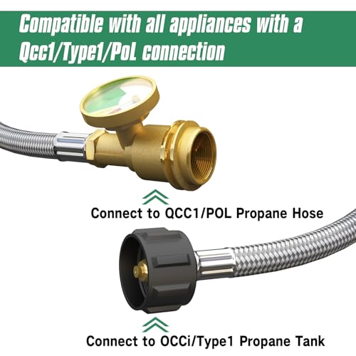 GardenNow Upgraded 12 FT Propane Tank Extension Hose Braided with Gauge, QCC1/Type 1 Tank Extension Hose, Acme to Male QCC/POL Fitting, Leak Detector Replacement for Propane Tank Appliances, Gas Grill - Image 2