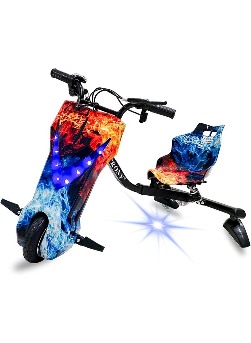 Crony JL009 8″ V-type drift car for kids, 250W motor, 36V battery, 3-speed modes, Shock Absorber Safety, 3 Wheel Electric Scooter,led lighting, smooth drift wheels, 18 km/h top speed, lightweight electric drift toy, easy control for beginners, fun drift action, ideal for kids who love drifting, racing, and scooter-style maneuverability, Bluetooth Speaker, Smooth Drift Wheels, 7–10KM Range, Lightweight Drift Toy With Safety Gear – JL009 Red & Blue Fire - Image 1