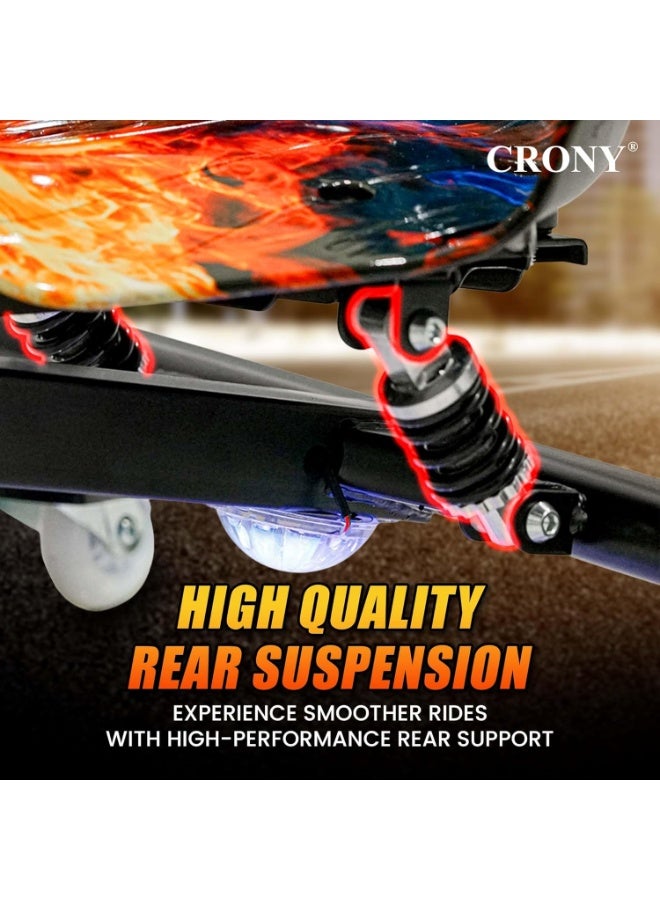 Crony JL009 8″ V-type drift car for kids, 250W motor, 36V battery, 3-speed modes, Shock Absorber Safety, 3 Wheel Electric Scooter,led lighting, smooth drift wheels, 18 km/h top speed, lightweight electric drift toy, easy control for beginners, fun drift action, ideal for kids who love drifting, racing, and scooter-style maneuverability, Bluetooth Speaker, Smooth Drift Wheels, 7–10KM Range, Lightweight Drift Toy With Safety Gear – JL009 Red & Blue Fire - Image 3