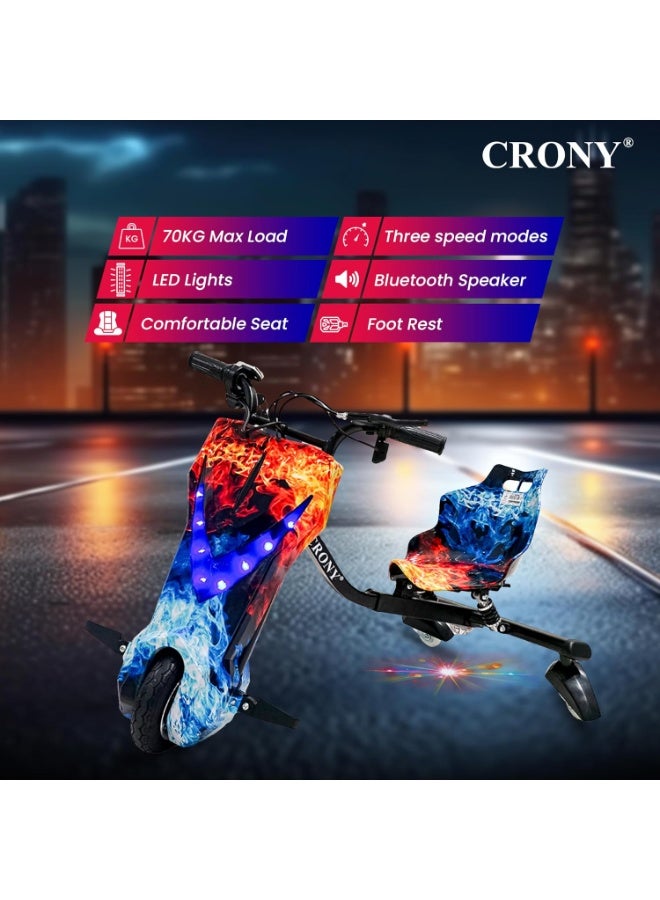 Crony JL009 8″ V-type drift car for kids, 250W motor, 36V battery, 3-speed modes, Shock Absorber Safety, 3 Wheel Electric Scooter,led lighting, smooth drift wheels, 18 km/h top speed, lightweight electric drift toy, easy control for beginners, fun drift action, ideal for kids who love drifting, racing, and scooter-style maneuverability, Bluetooth Speaker, Smooth Drift Wheels, 7–10KM Range, Lightweight Drift Toy With Safety Gear – JL009 Red & Blue Fire - Image 5
