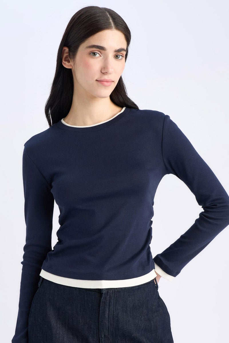 DeFacto Blue Woman Slim Fi Crew Neck Ribbed Long Sleeve T-Shirt Casual - Image 2