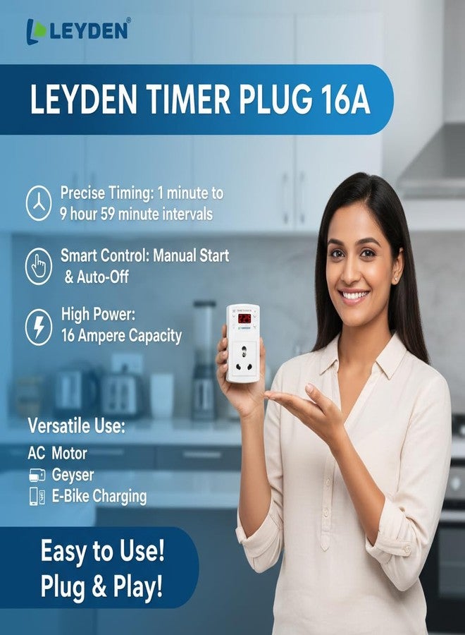 LEYDEN® TP-PLG 16A 220VAC, 16A, Digital Coundown Automatic Off Plug Socket 1 Minute to 9 Hour 45 Minutes for Waterpump, Motor, AC, E-Bike, Gyser, Heater (1) - Image 4