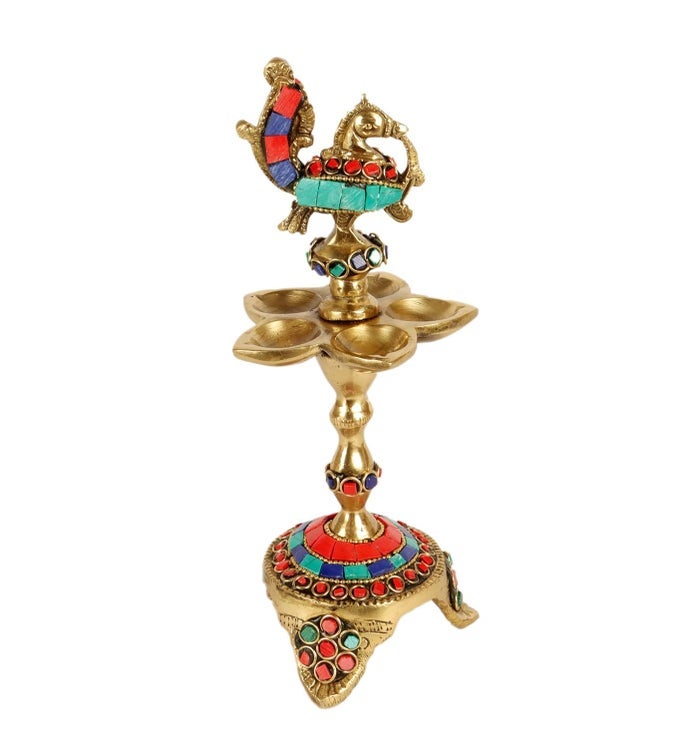 GEMSTONE WORK PEACOCK OVER ETHNIC CARVED LEGS FIVE OIL WICK BRASS DIYA DIYA FOR HOME TEMPLE STANDARD PACK OF 1