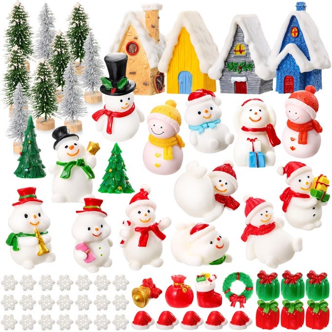 64 PCS CHRISTMAS MINIATURES FIGURINES SANTA XMAS GARDEN MINIATURE ORNAMENTS KIT SNOWMAN FAIRY RESIN ORNAMENTS PINE TREE FOR GARDEN ACCESSORIESVIVID