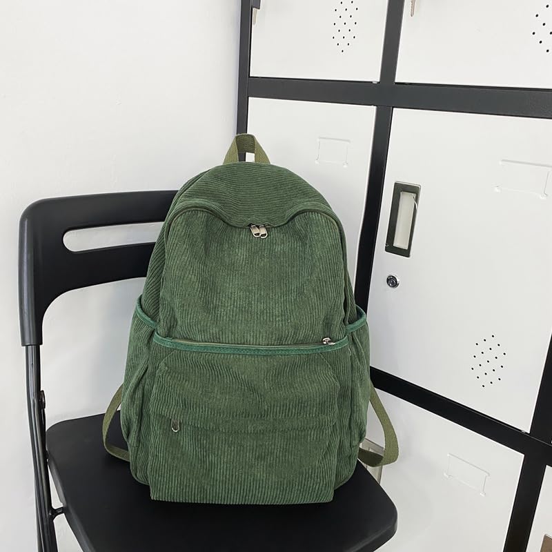 Lamprod Aesthetic Backpack Cute Backpack Corduroy Backpack School Supplies Laptop Bag for Teens Girls Women Students Solid Color(Green) - Image 2